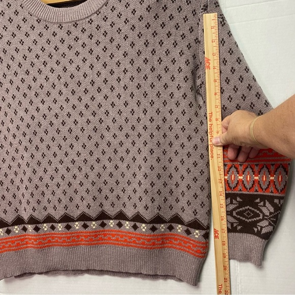 Thick Tight & Rib Knit Crewneck Sweater Taupe Brown Coral Fair Isle Pattern - Picture 8 of 10